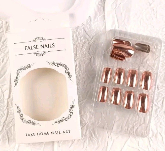 24 Press-On Medium-Length Electroplated Gold-Red Nails Fingernails Reusable