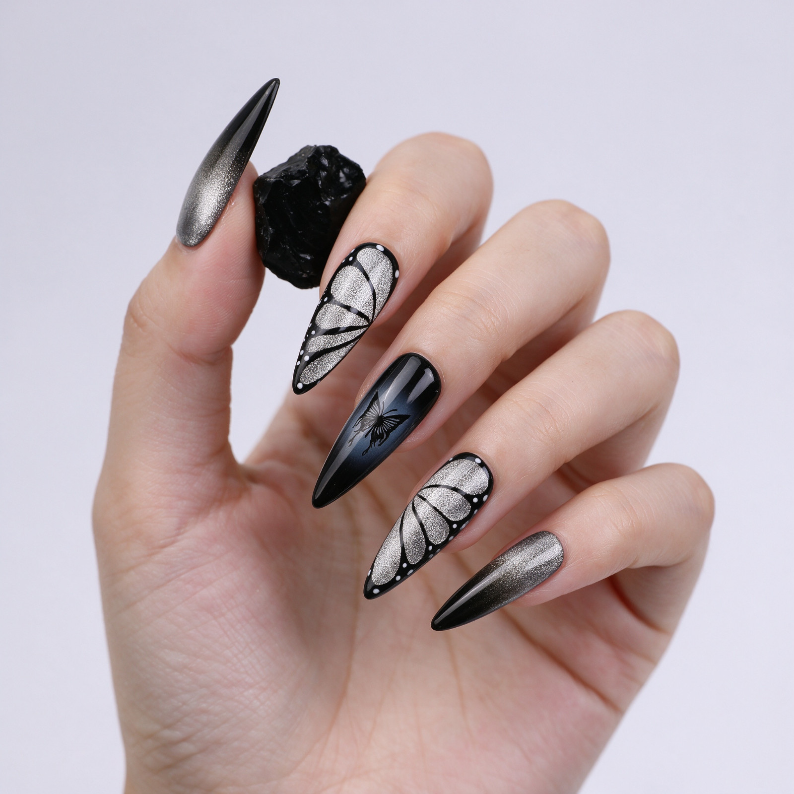 Press On Nails Long Stiletto Black Silver Butterfly Wing Glitter Gothic Nail Set