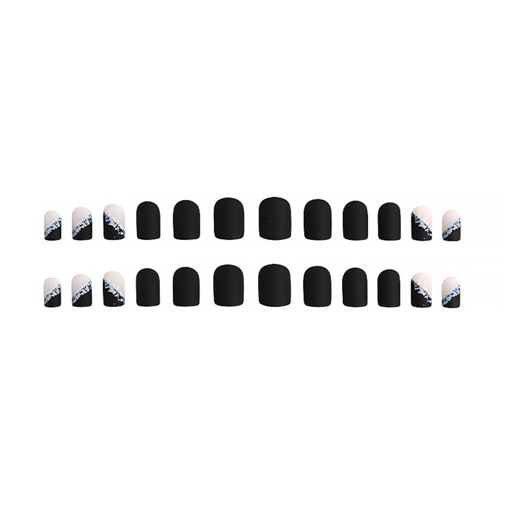 Square Short False Nail Matte Black French Press on Nails for Nail Art 24pcs