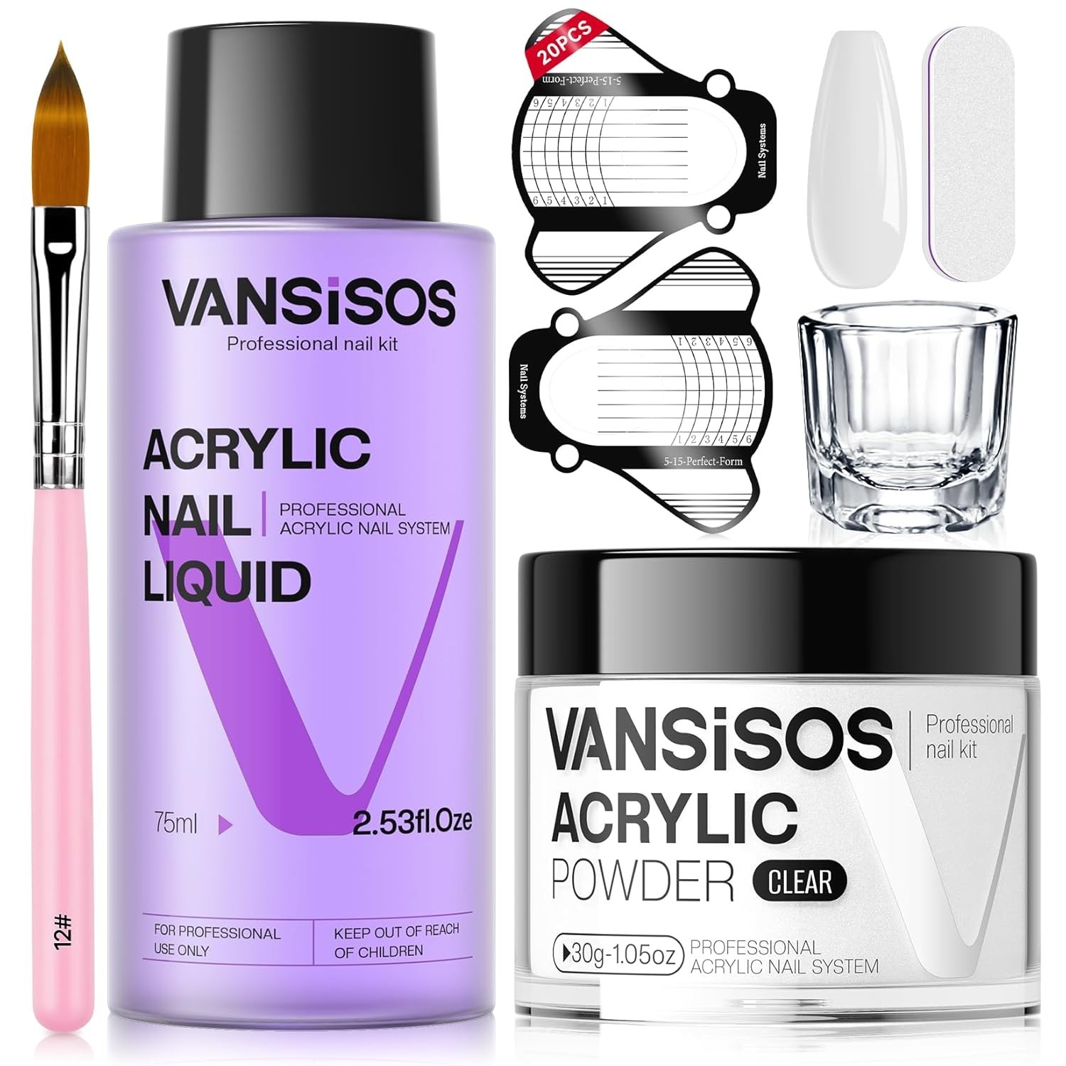 VANSISOS Acrylic Nail Kit: 30g Clear Acrylic Powder and 75ml Liquid Set with