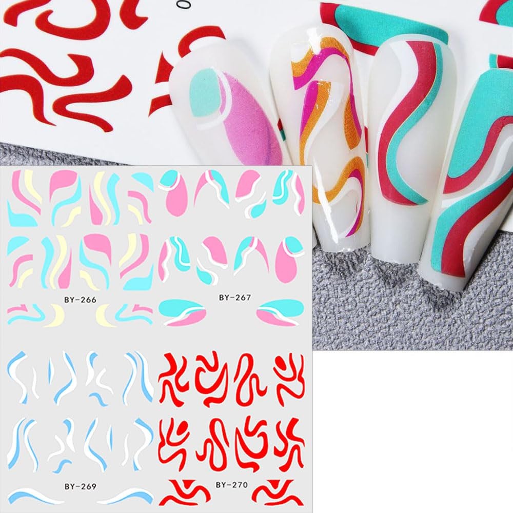 Colorful Wave Lines Nail Art Stickers for Girls – Neon Ribbon Strips Water Tr…