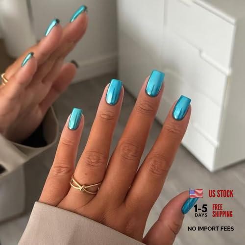 Medium Square Metal Plating Teal Blue Chrome Nails – Mirror Metal Plating