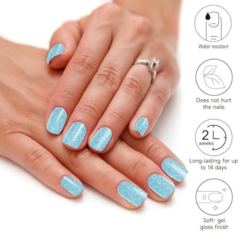 22 PCS Semi Cured Gel Nail Strips (Metallic Laser Blue) – Need UV Light |