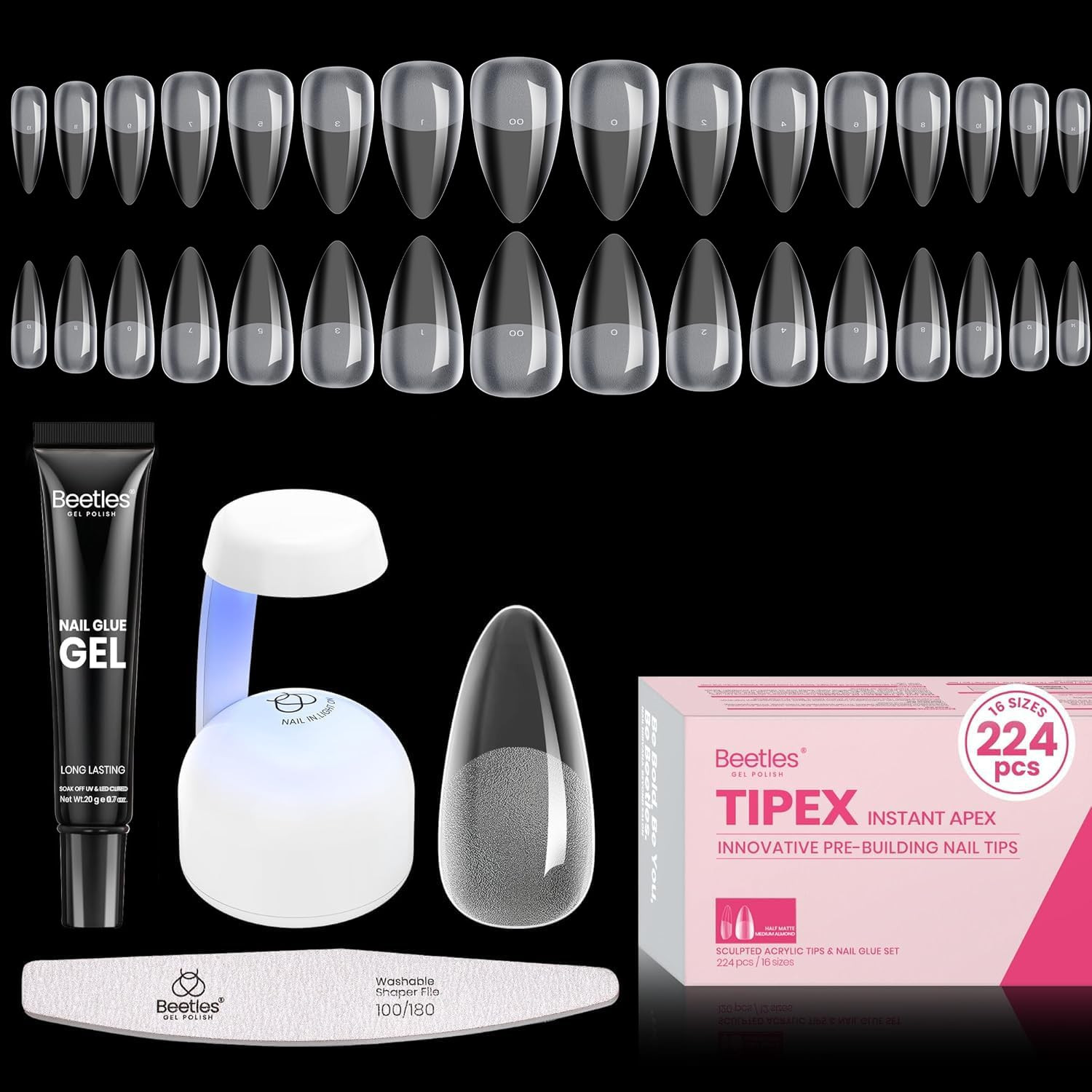 Tipex Instant Apex Nail Tips Kit, Medium Almond, 224PCS 16 Sizes 00-14, No Build