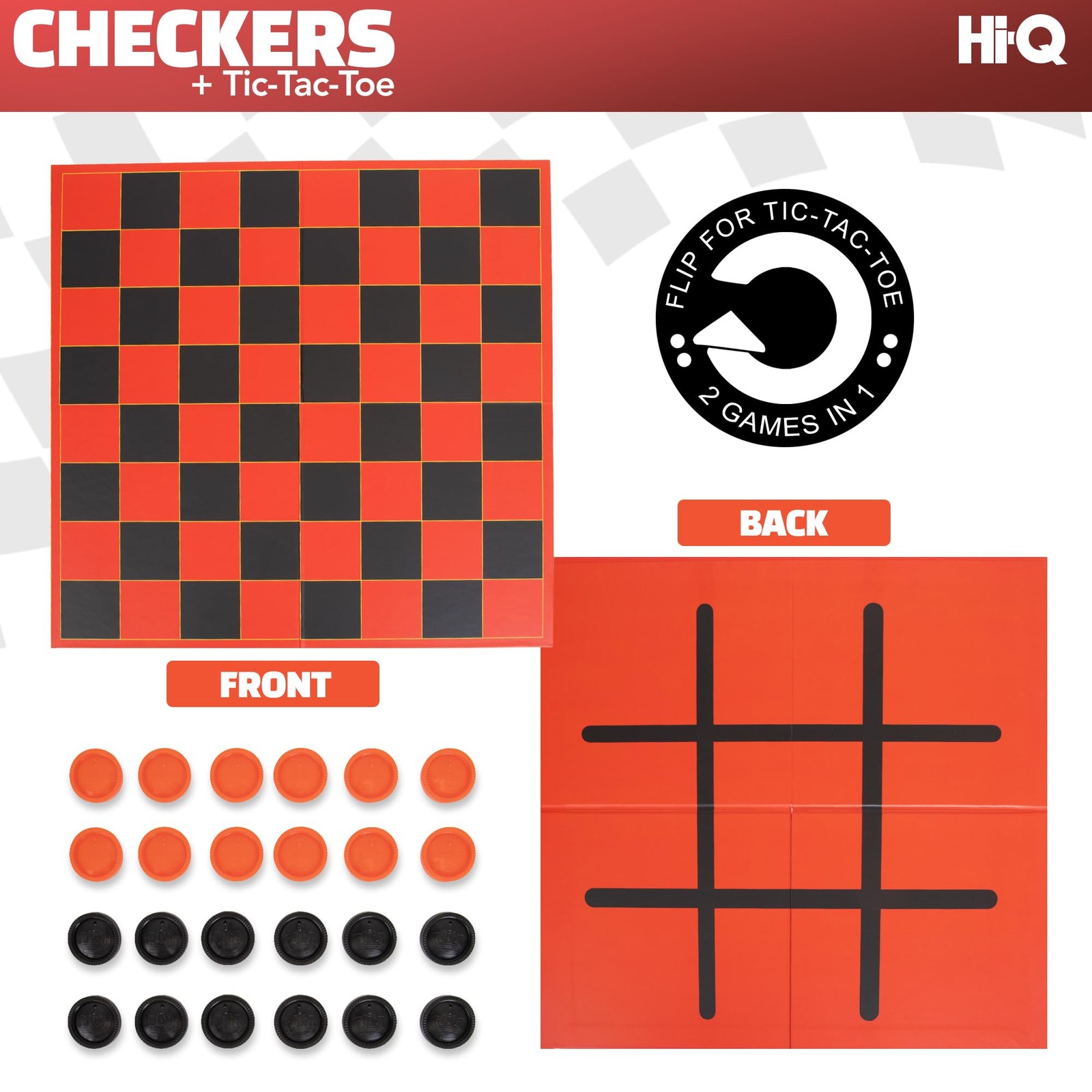 HI-Q Checkers & Tic-Tac-Toe Board Game Set – Classic One Size, Black Red