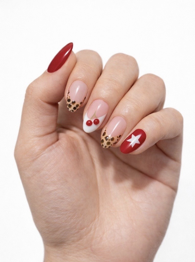 Red Nude White Press On Nails Medium Almond | Heart Leopard Design | Handmade