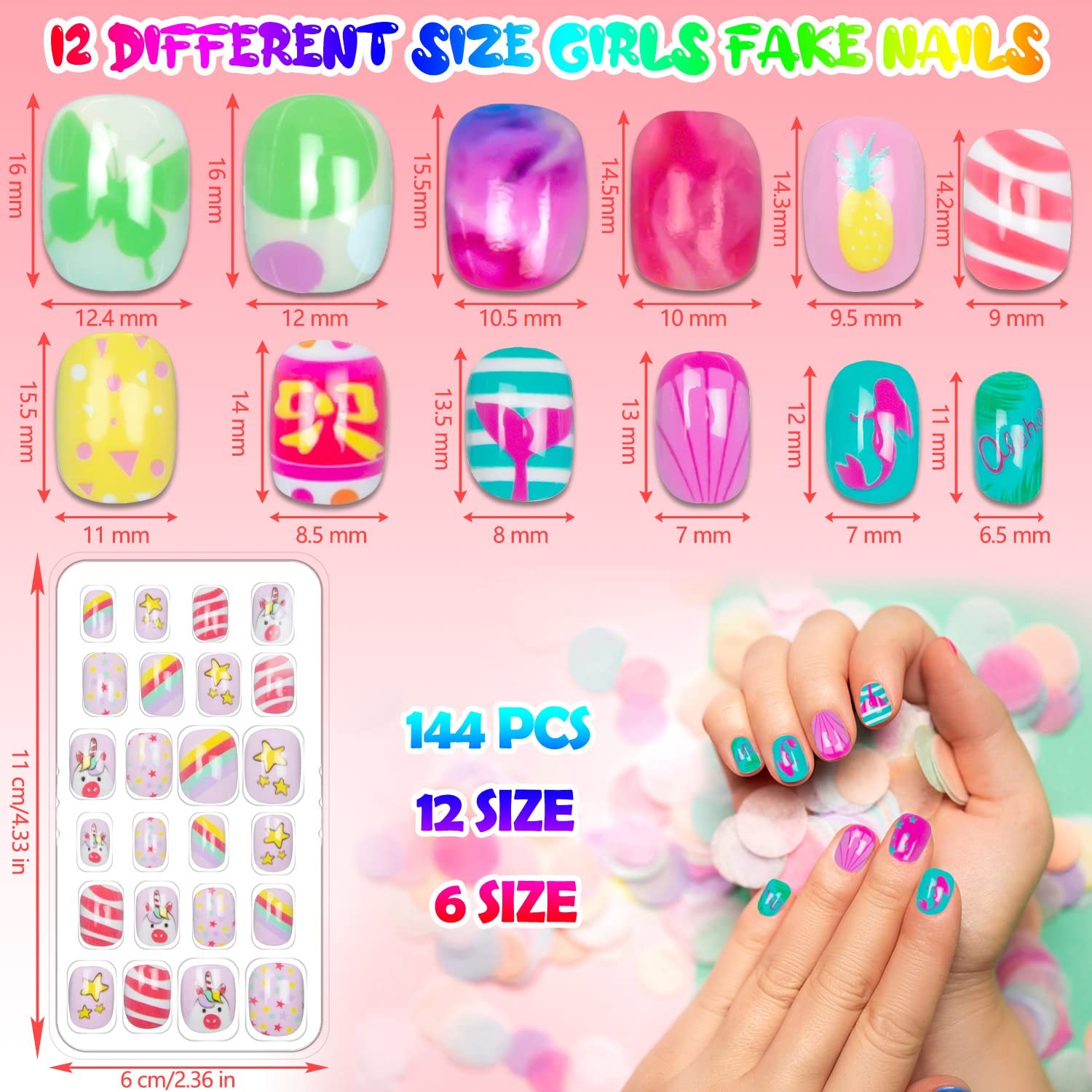 144 Pieces Fake Nails for Kids Girls Artificial Press on Multicolor
