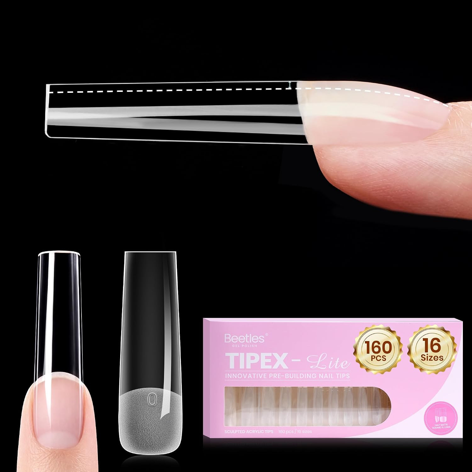 Tipex Lite Instant Apex Nail Tips, XXL Square, No Builder Gel Needed, 160Pcs 16