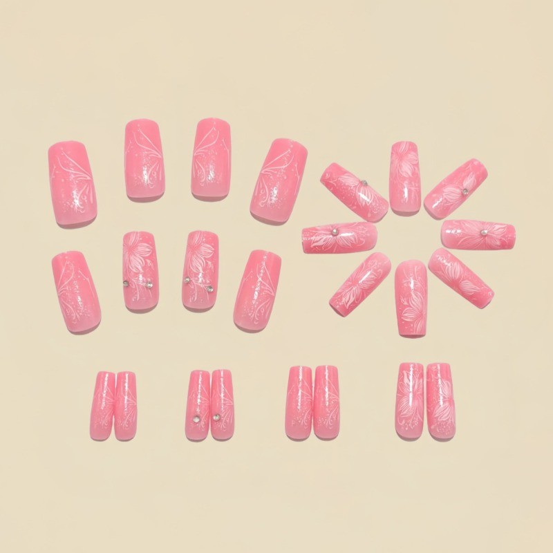 48 Pieces of Pink Flower Spring Medium Long European Square Fake Nail Art