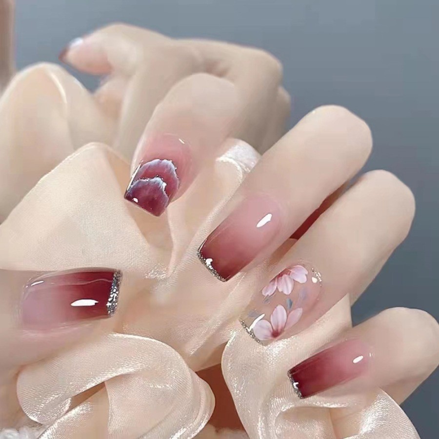 48Pcs Square Press on Nails, Wine Red Gradient Nails with Cherry Blossom Pattern