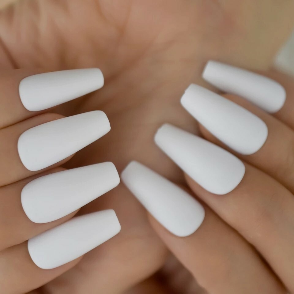 White Press On Nails Glue On Matte or Glossy Long Coffin 24