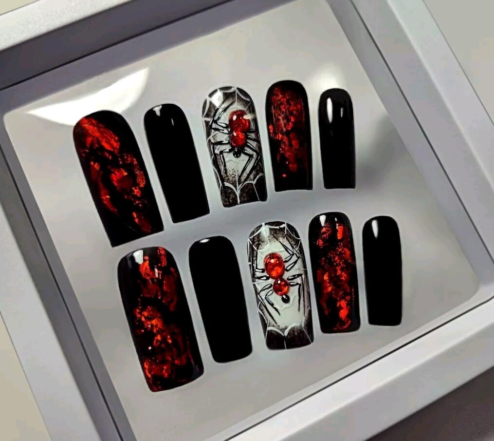 Handmade Spider Press On Finger Nails Black Nail Art