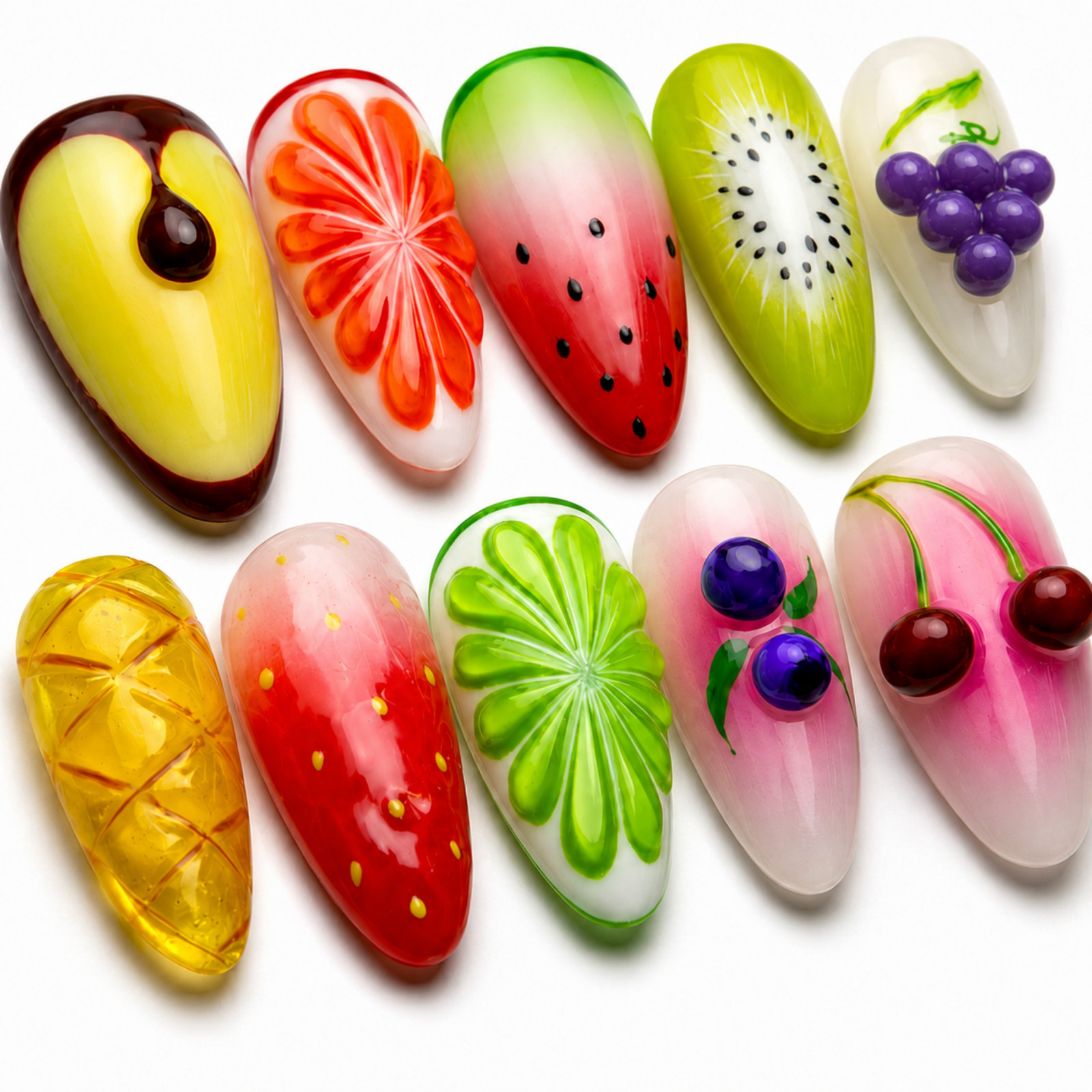 Handmade 3D Fruit Press On Nails Glossy Summer Nail Art Set