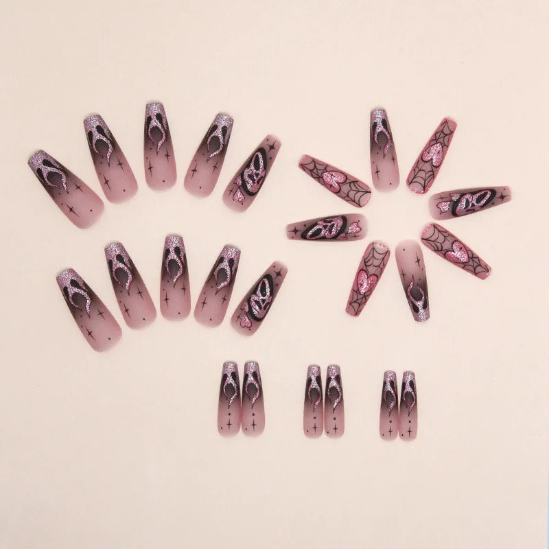 24pcs 2026 Halloween Scary Skull Love Print Press On Nails Glitter Pink Sequins