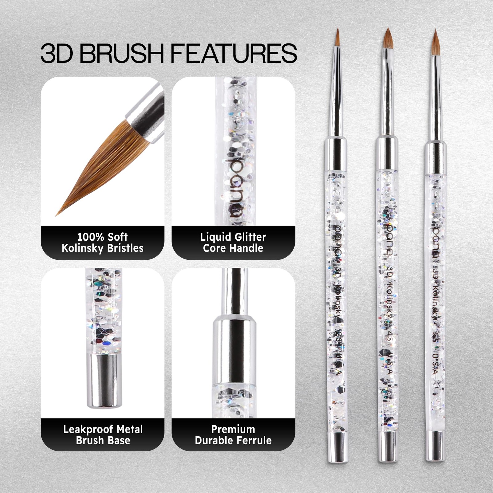 Glitter Silver 3D Nail Art Brush Size 5 Kolinsky Bristles for Detailing