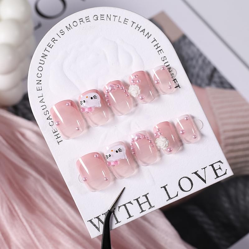 Pink French Tip Press on Nails Short Square Cute Fake Nails with Cat Flowers …