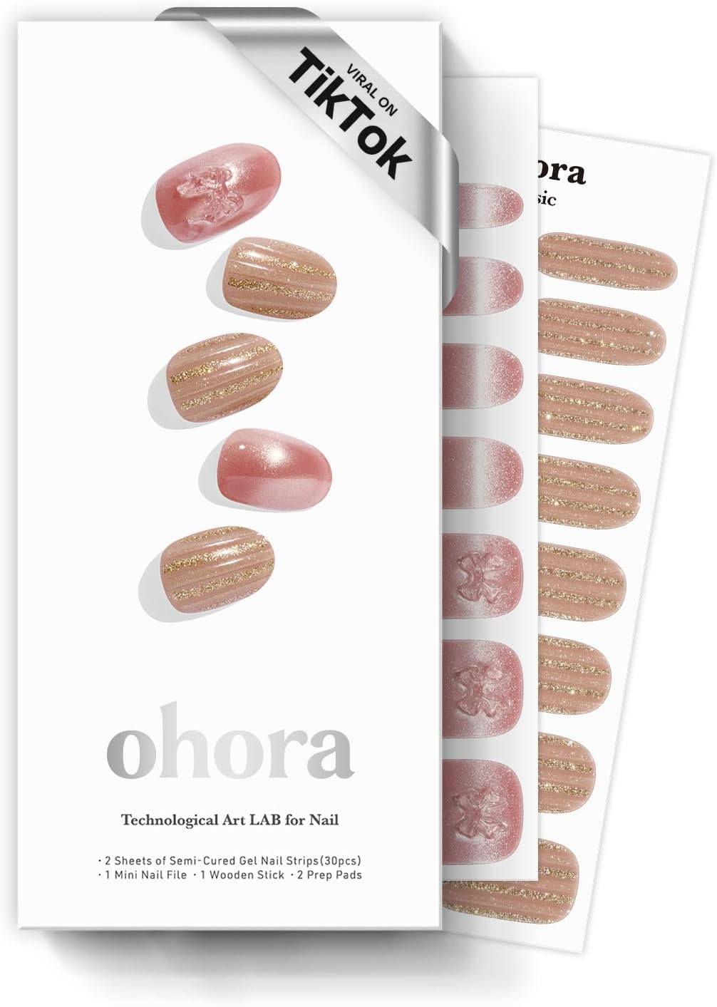 Semi Cured Gel Nail Strips (N Rosy Bow) – 3D, Magnet, Pink, Gold, Works with Any