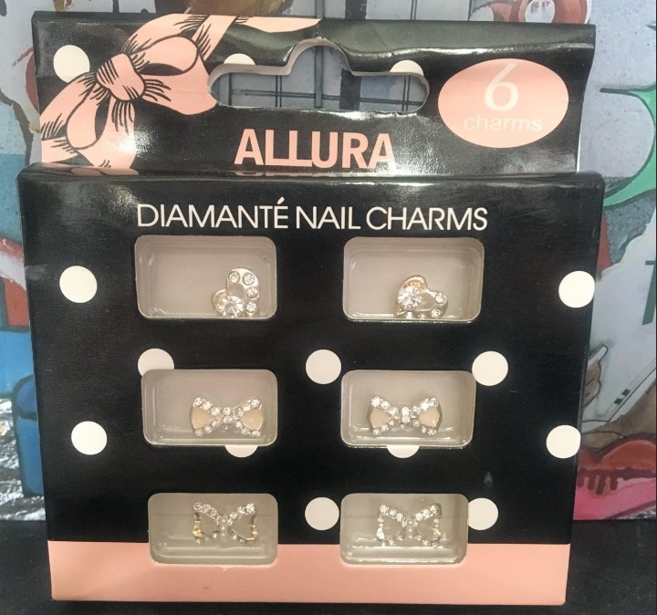 Allura 6 charms for nails nail art decorations diamanté bow hearts diamond pearl