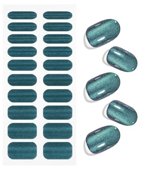 Gel Nail Stickers Semi Cured Gel Nail Strips Wraps UV/LED Nails Green Cat Eye