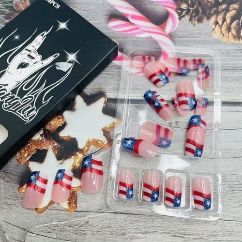 4th of July Press on Nails Short Square Fake Nails French Tip False Nails-1