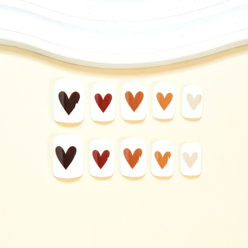 48PCS Short Square White Brown Heart Gradient Reusable Fake Nail Art