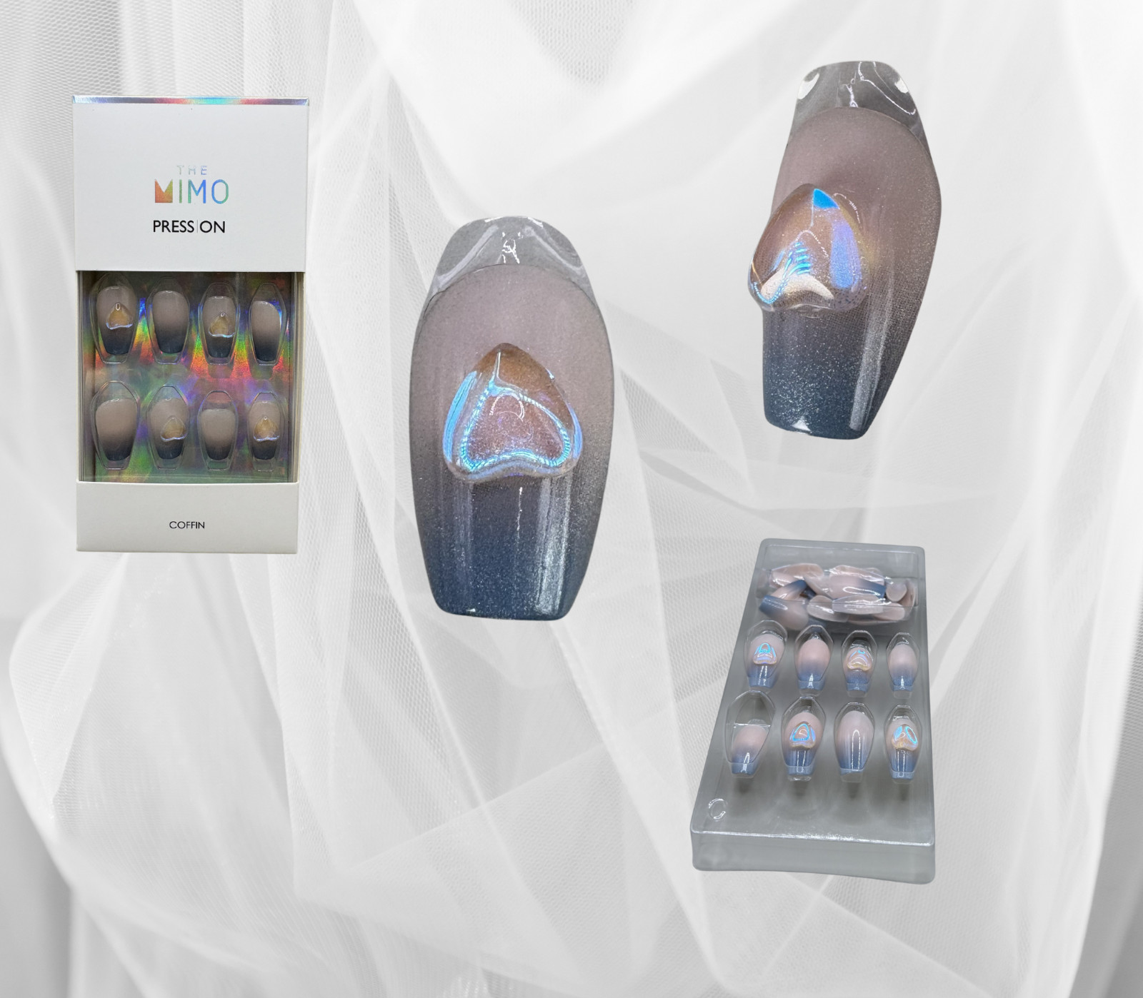 The MIMO TPU Press on nails-Coffin Nude Beige with Gold Heart Accent 28PCS