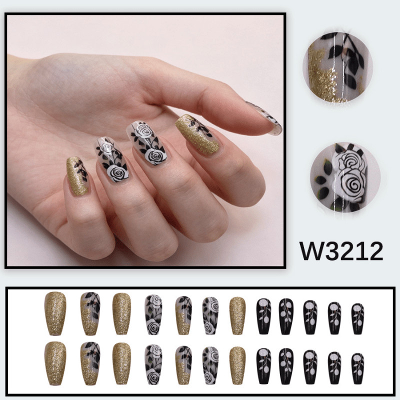 48 Pcs Black Rose Gold Glitter Oval Press on Nails, Vintage Cool Nude Fake Nails