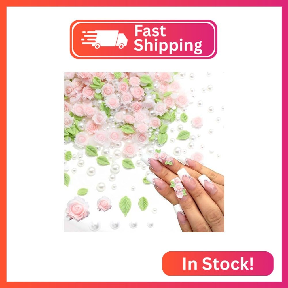 RODAKY 300PCS Flower Nail Charms Pink 3D Roses Flower Charms for Nail Design Gre