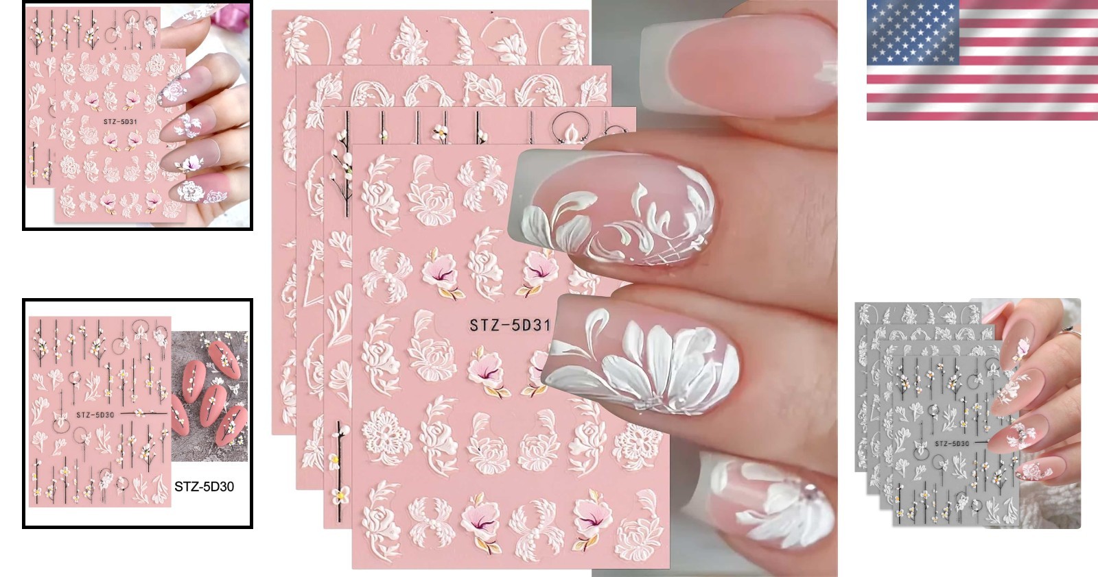 5D Spring Floral Nail Art Stickers – 4 Self-Adhesive Sheets for Elegant Nails