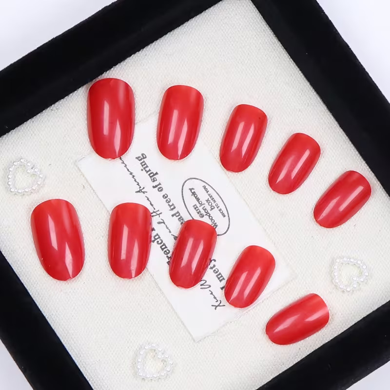 24pcs Glossy Short Oval Press On Nail, Red Shades, Events, Everyday, Valentine