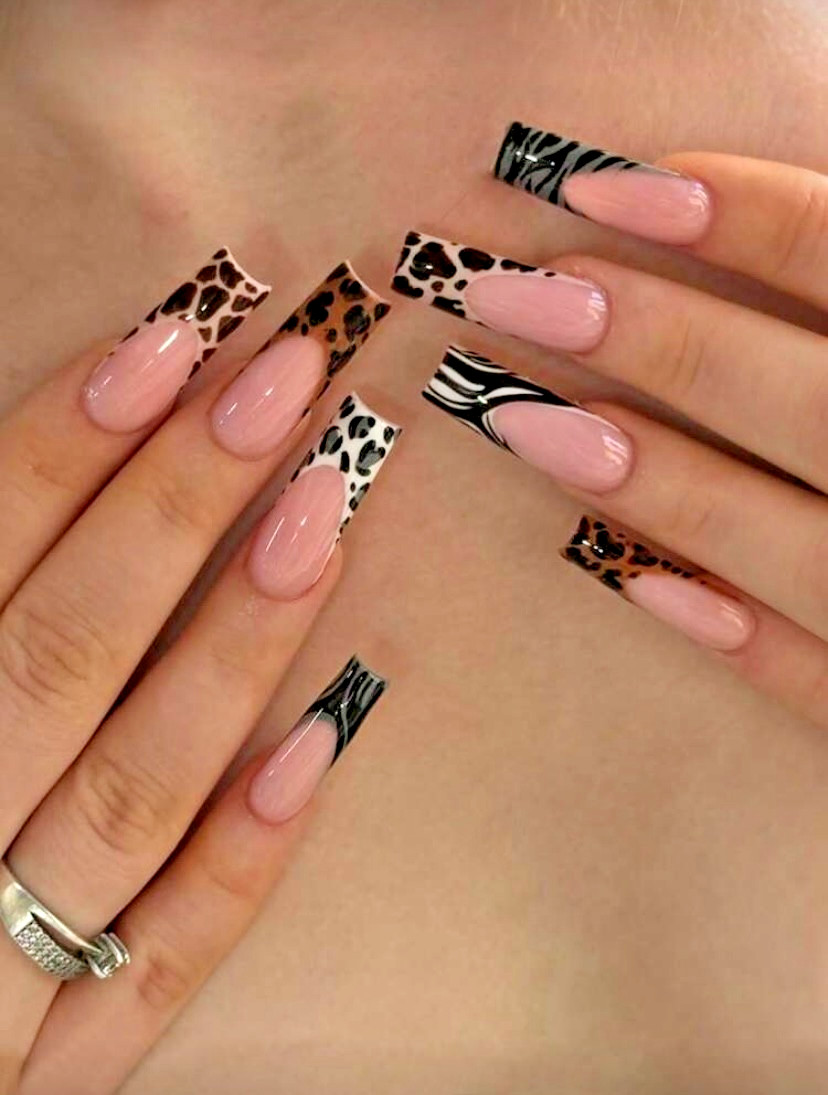 24pcs Long Square Colorful Animal Print French Manicure – Press-On Nails New