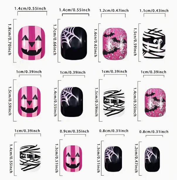 Halloween 24 Pieces Press-On Nails SHORT Pink Black Mummy Bats Glitter Glossy