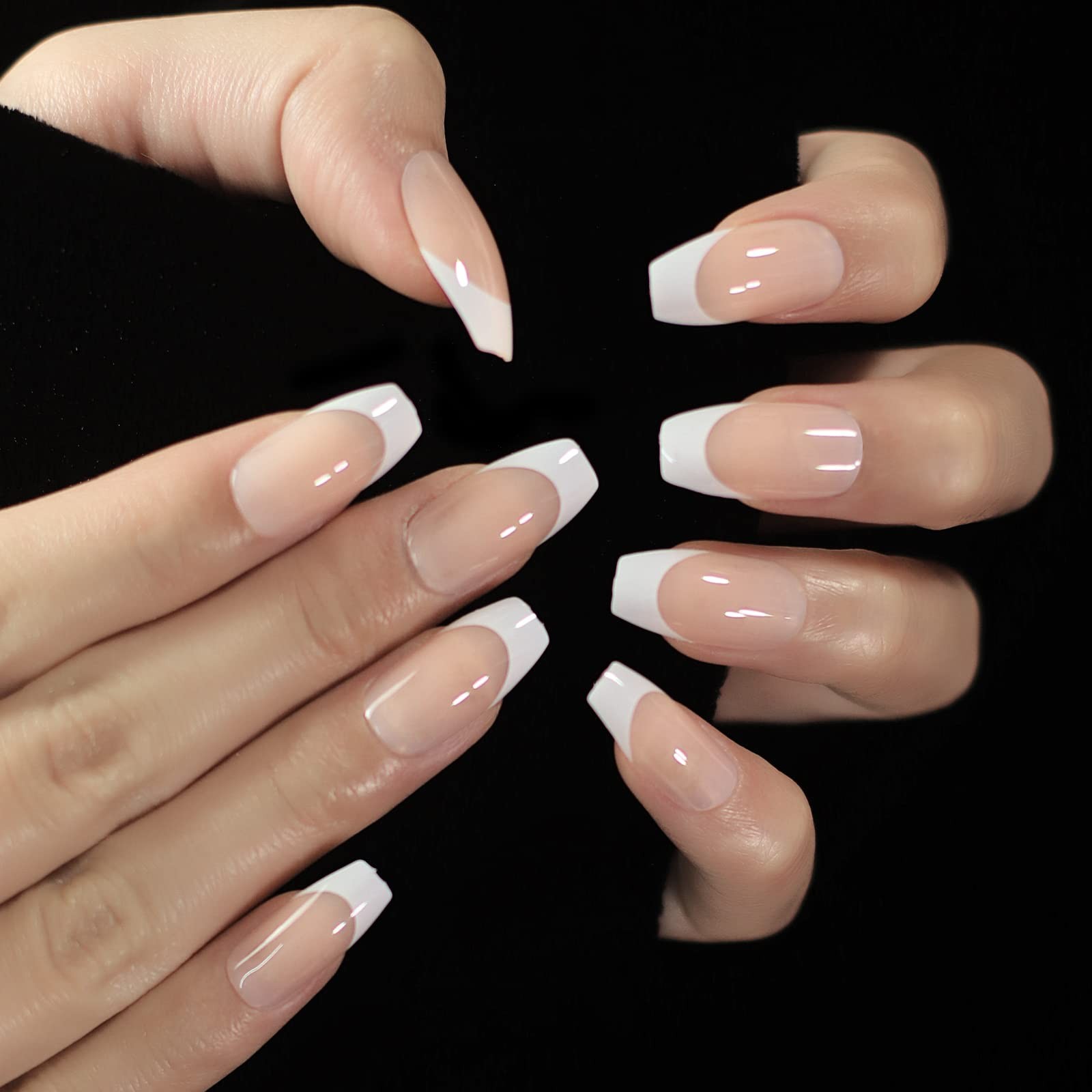 Natural French Tips, Glossy Clear Nude White Press on Nails False Nails, Beau…