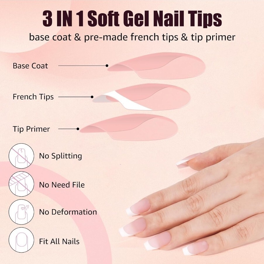 Soft Gel Nail Tips Short Pre Base Coat + Primer, 240 Pcs Pre short, pink
