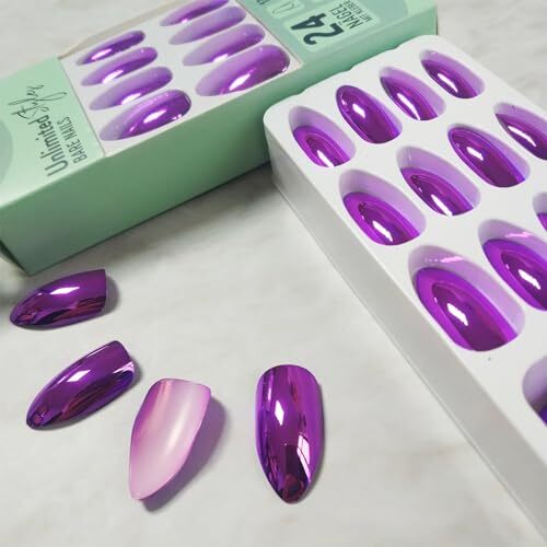 Chrome Metal Press on Nails Glossy Shine False Nails Gel Glue on Nails Purple