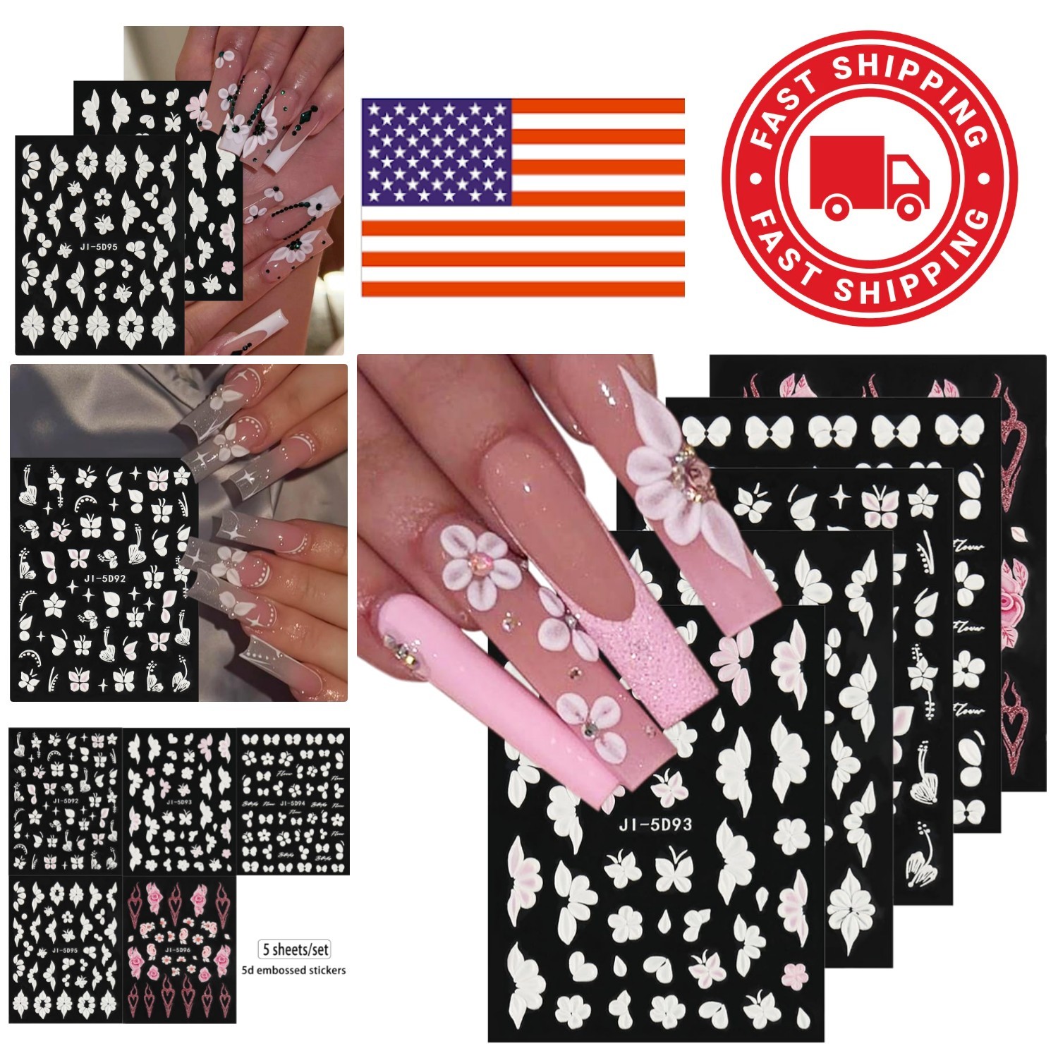 5 Sheets Embossed Floral Nail Stickers Easy Application for Nail Art Beginners