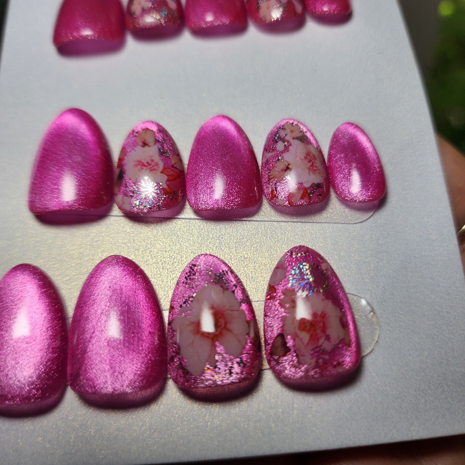 Handmade Reusable Extra Short Almond Pink Cateye Sakura Press On Nails