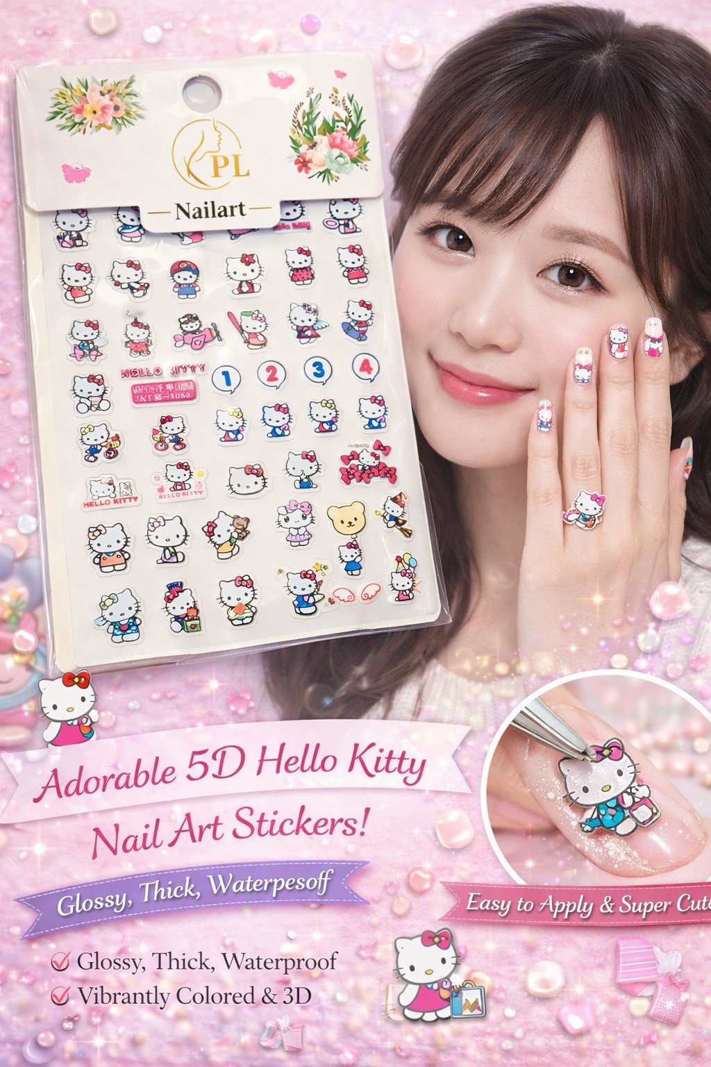 5D Embossed Cute Kitty Nail Art Stickers Self Adhesive Waterproof Easy Apply DIY