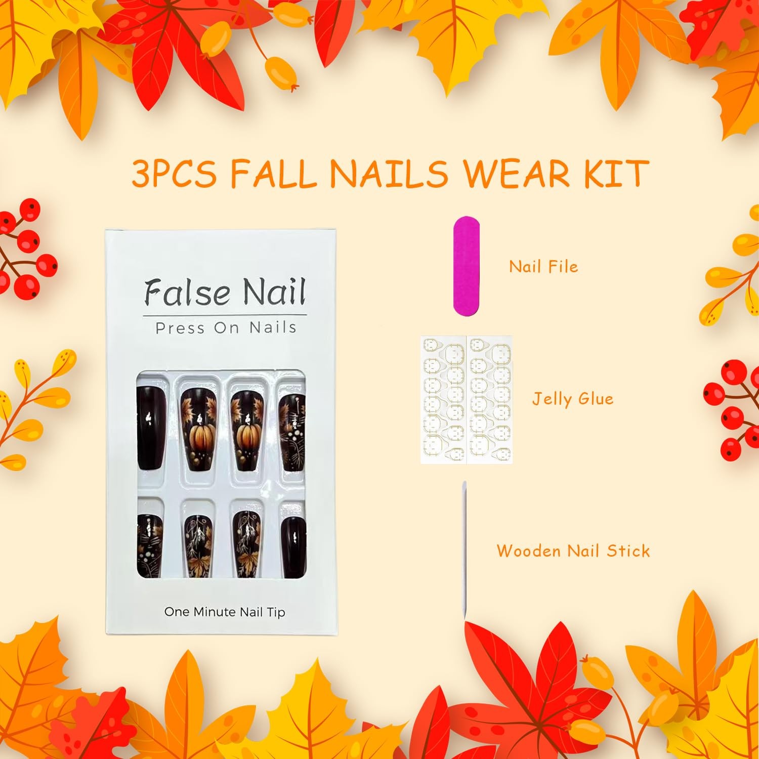 Fall Dark Red Press on Nails Medium Coffin Fake with Pumpkin Multicolor