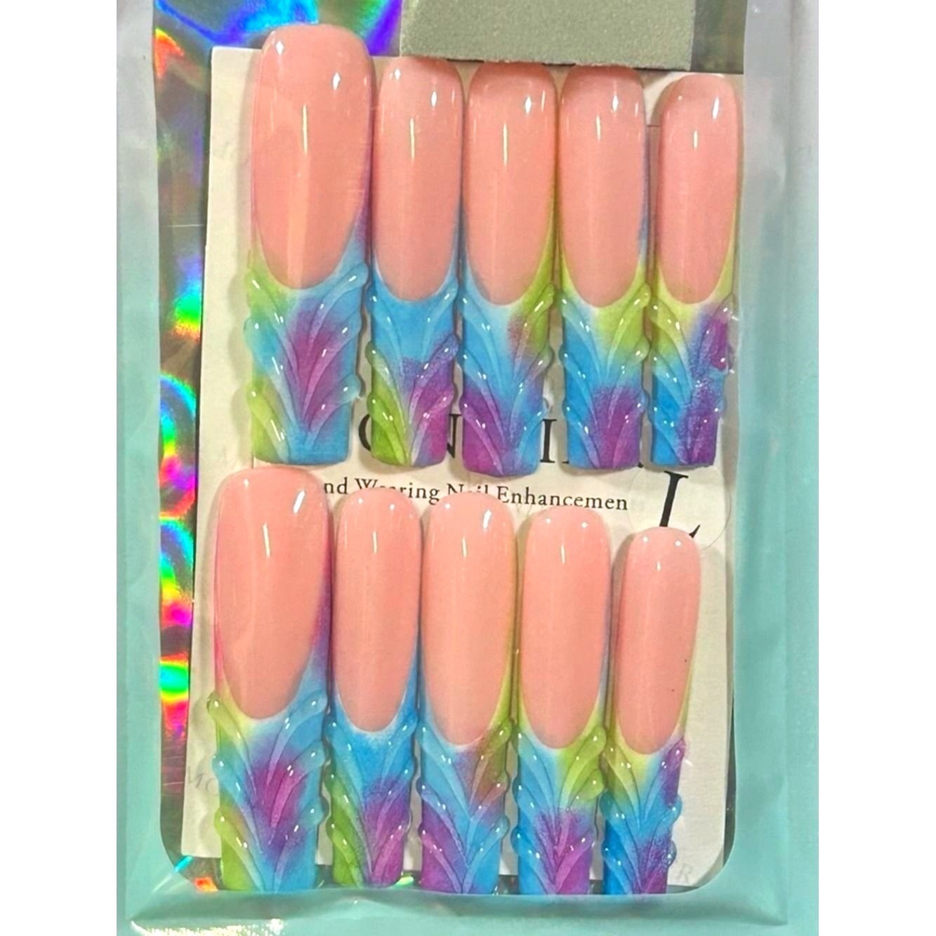 Rainbow Mermaid Press On Colorful Ombre 3D Wave Tips Long Coffin Summer Beach