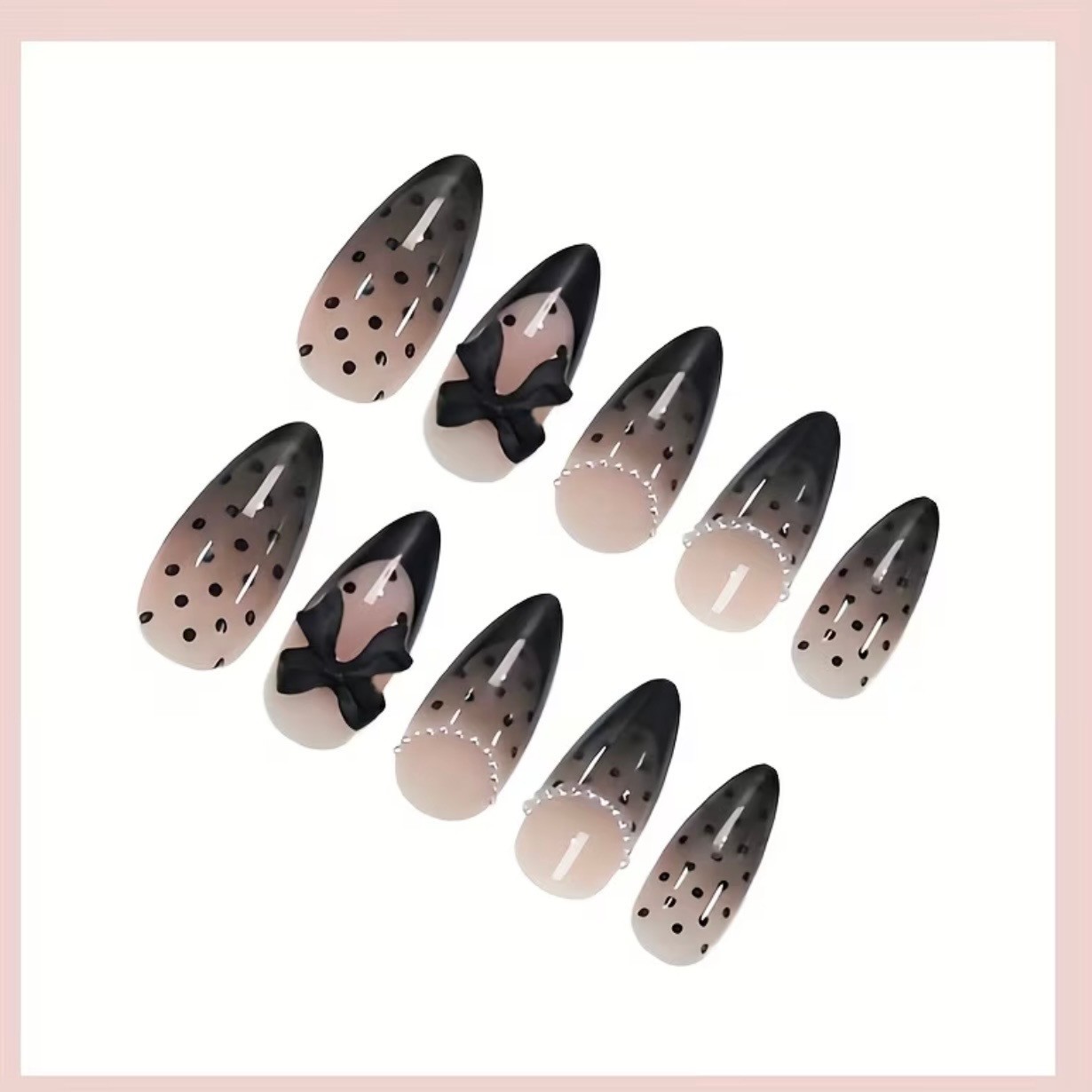 🖤 New! 24 Pcs 3D Pearls Bows & Lace Press on Nail Set Medium Almond Shaped