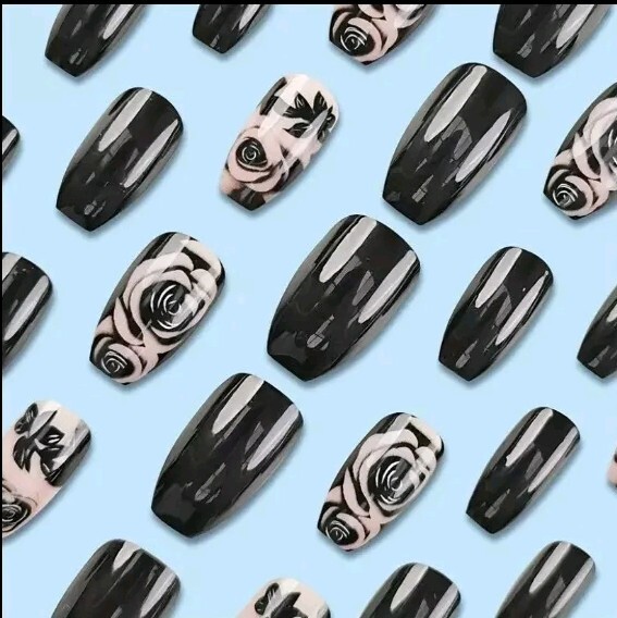 Rose Black Press-Glue On Fingernails Medium Reusable NEW