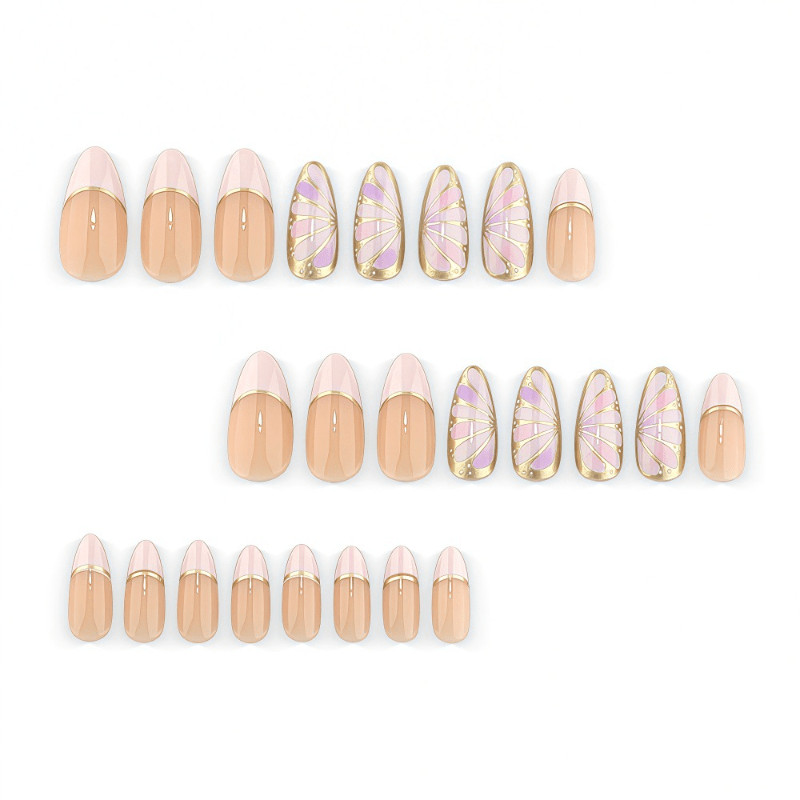 48 Pcs Gold Line Shell Gradient Oval Press on Nails, Soft Beach Nude Fake Nails