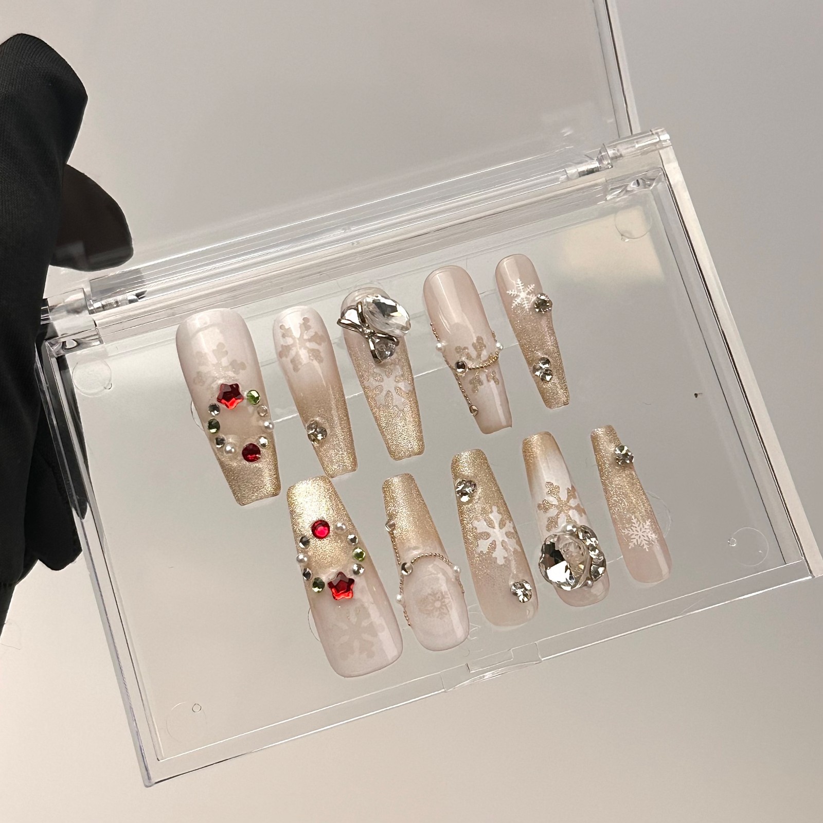 Christmas Glitter Press On Nails Long Coffin Gold Snowflake Rhinestone Set