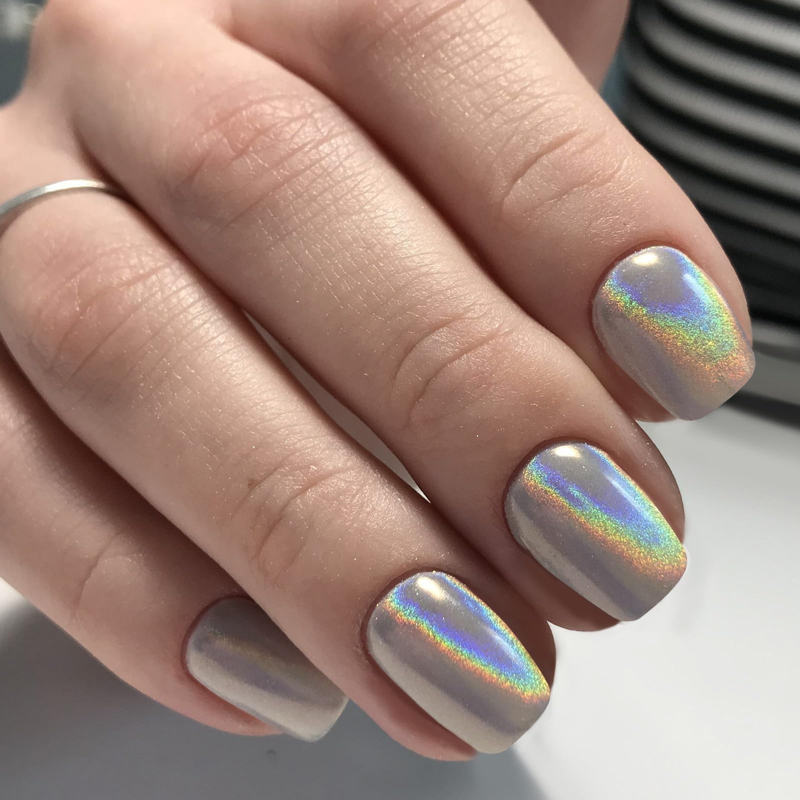 Laser Black Press on Nails Short Square, Rainbow Color Donut Grey Fake Nails …