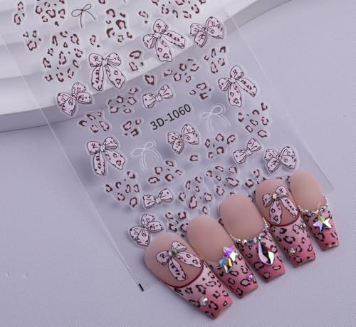 Leopard Print Bow Nail Stickers Self-Adhesive, 2 Sheets Mini 4 Leopard Print