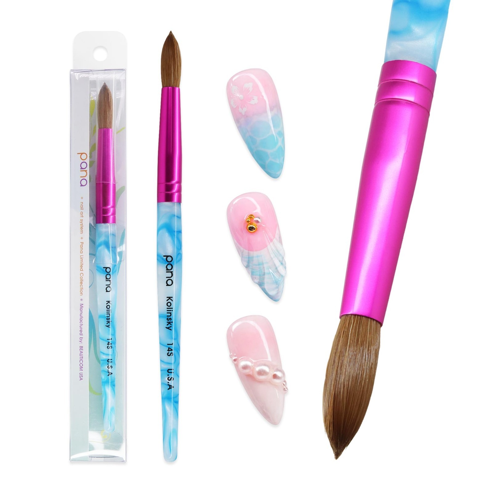 Size 14 Kolinsky Acrylic Nail Brush – Round Pink Ferrule, Blue Swirl Handle
