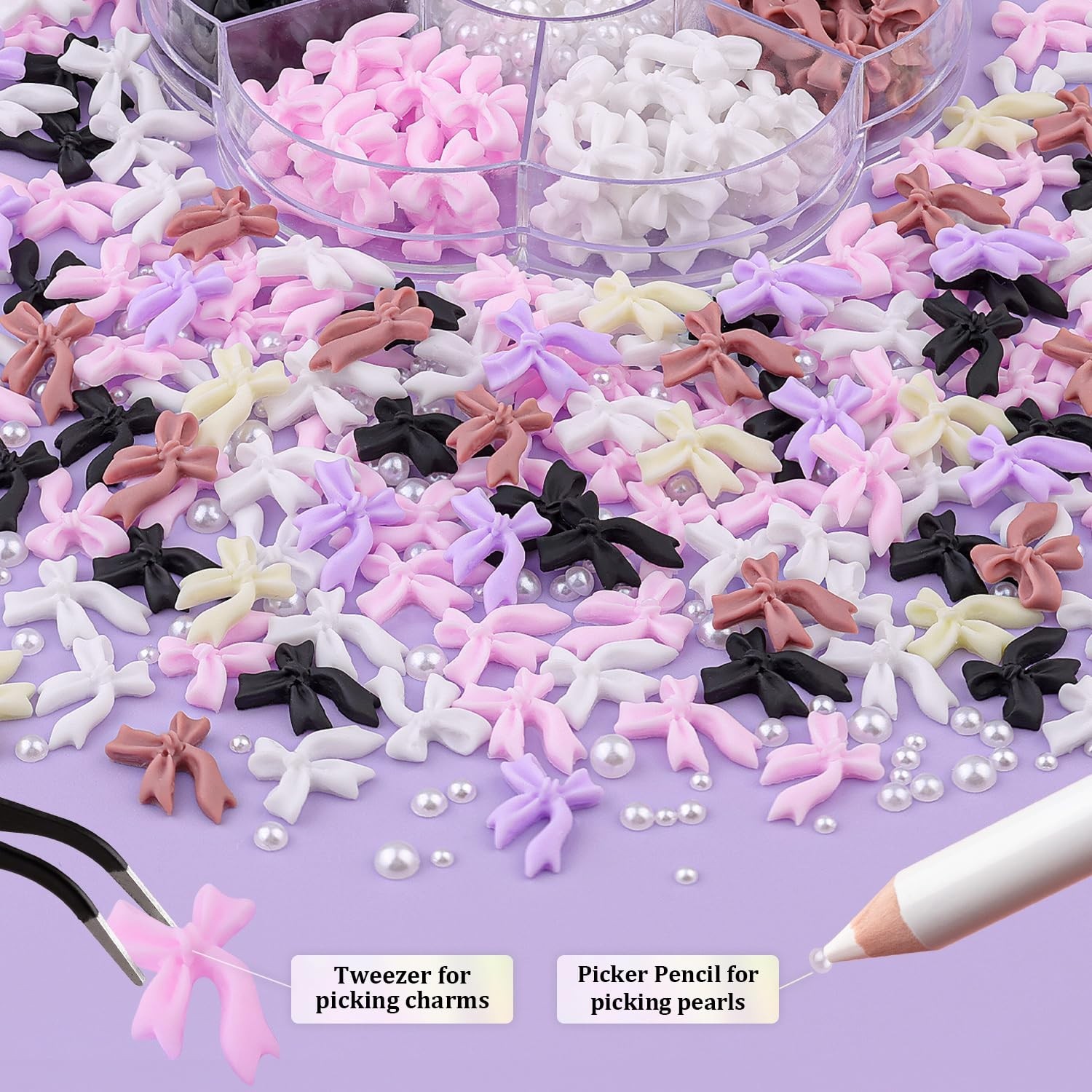 Colorful 3D Nail Bow Charms Set – 120 Pcs with Glue Gel & Pickup Tools Included