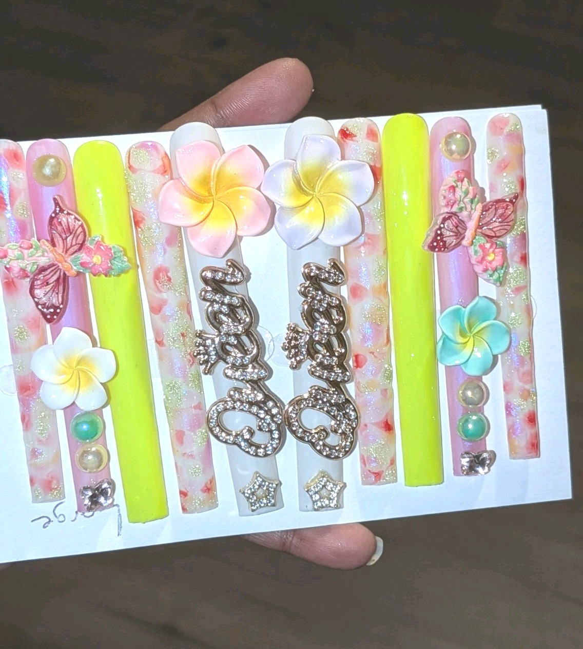 Handmade 6XL Tropical Floral Rhinestone Press-On Nail Set – Yellow, Pink, White