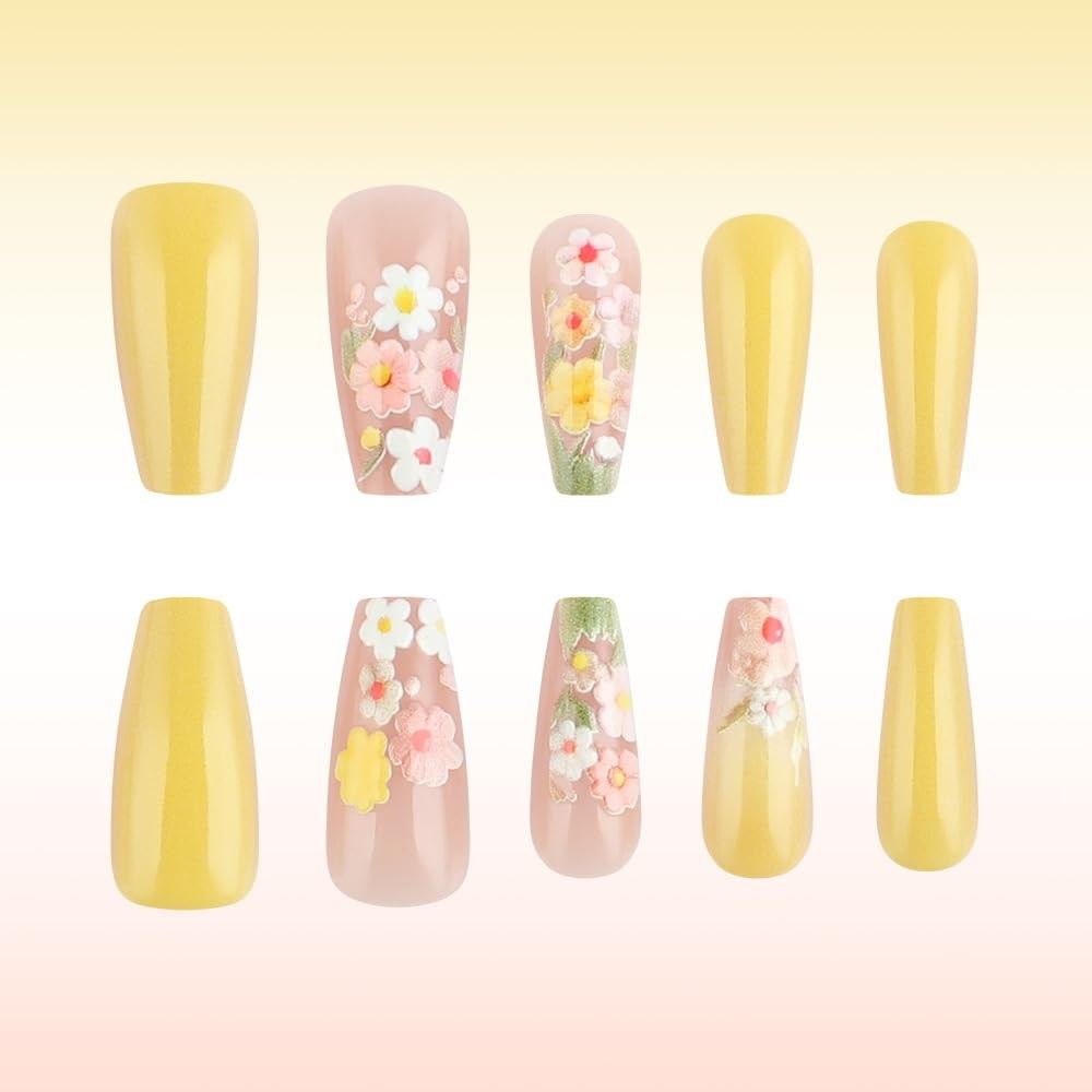 24 Pcs Flowers Press On Nails Medium Coffin Square,Spring Summer Fake Nails P…